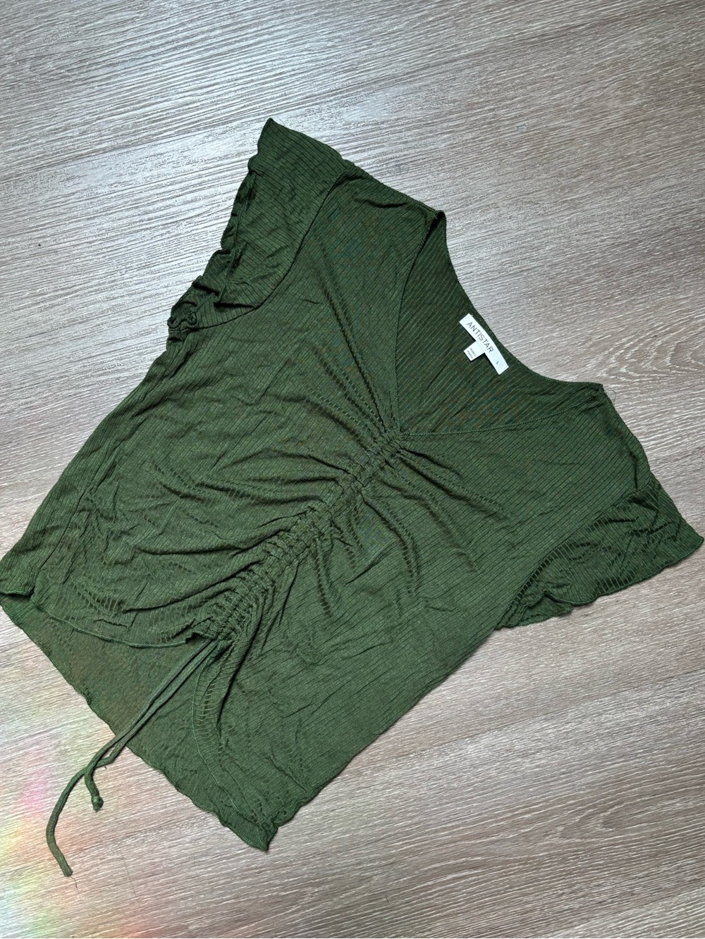 Antistar Olive Green Ruched V-Neck Short Sleeve Tee